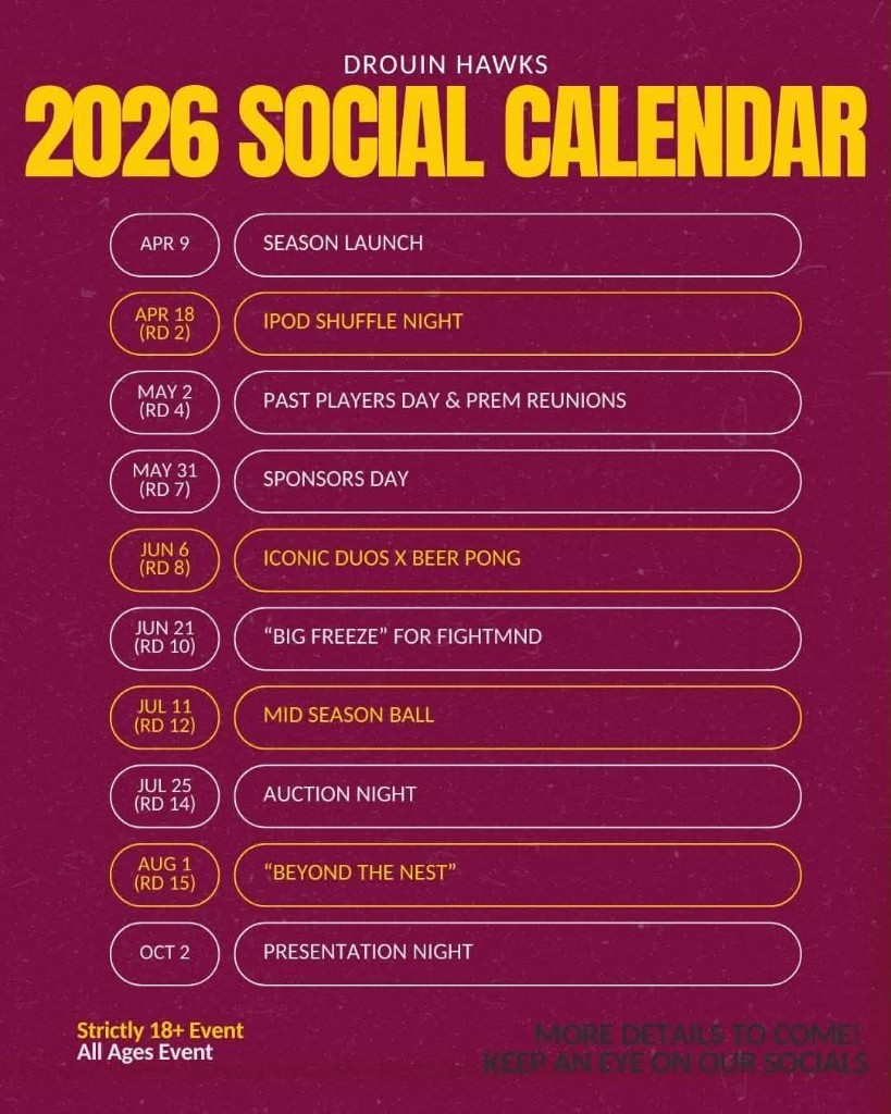 Drouin Hawks 2026 Social Calendar showing event dates